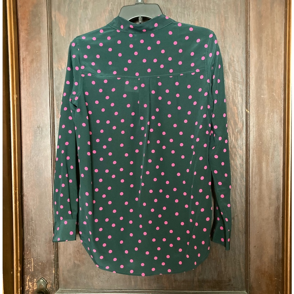 NWT Boden 100% Silk Shirt in green with pink polka dots,  size 6. - Picture 5 of 10